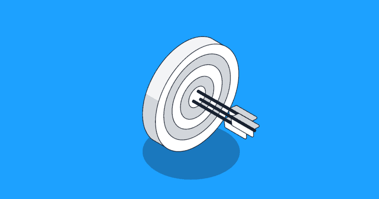 An illustration of a target with multiple arrows in the bullseye appears on a blue background.